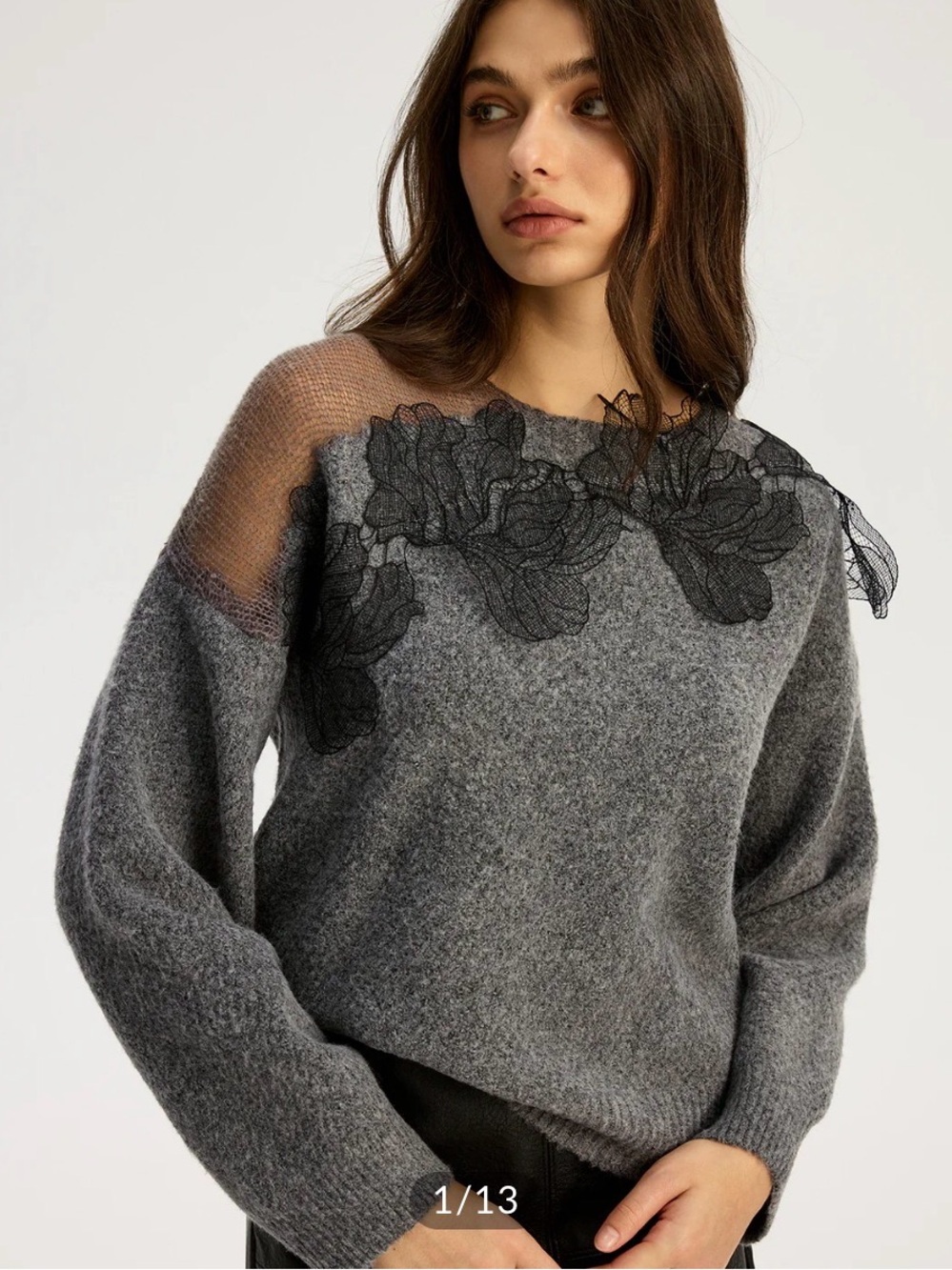 Commense Dark Brown Floral lace Sweater Semi Sheer Round Neck Sweater
